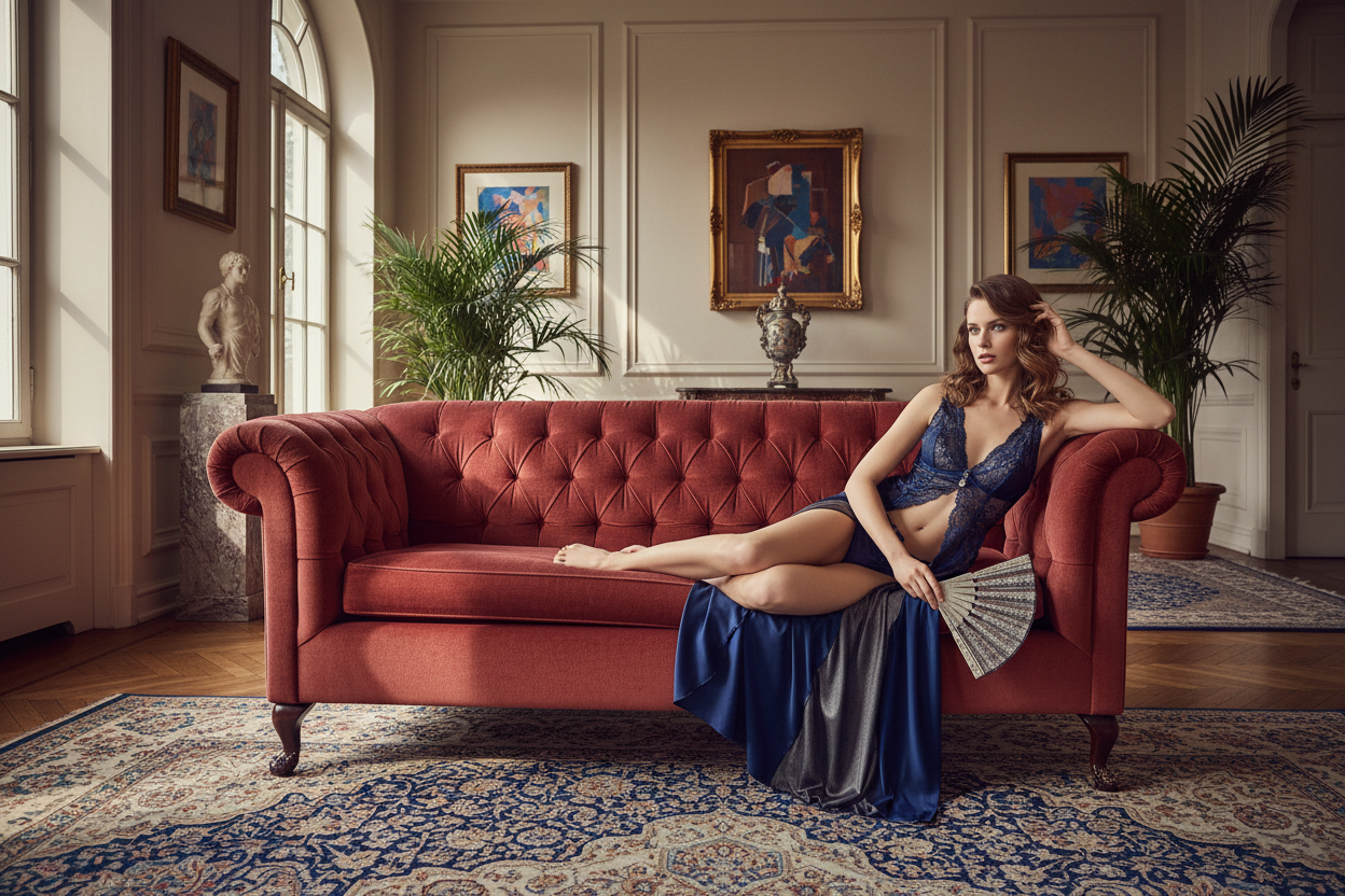 a women in a sexy lingerie on a couch, 4k, high resolution